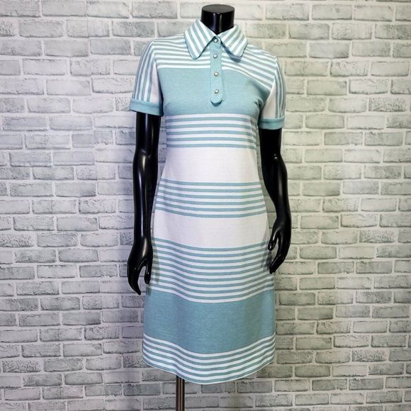Vintage 70s Leslie‎ Fay Womens M Turquoise White Striped Dbl Knit Poly Dress - Picture 1 of 9
